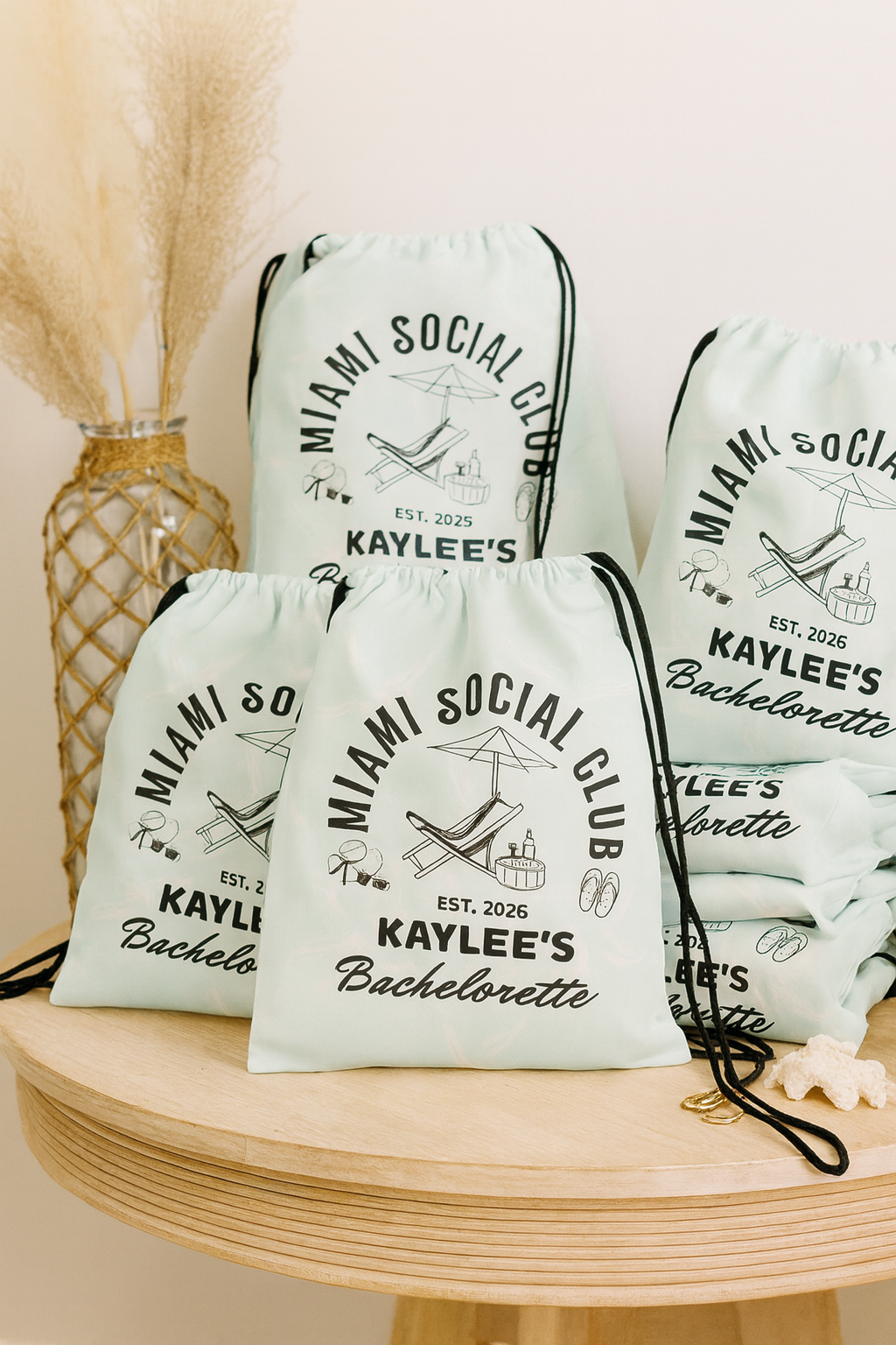 Miami Bachelorette Favor Bags | Personalized Bridal Party Drawstring Bags