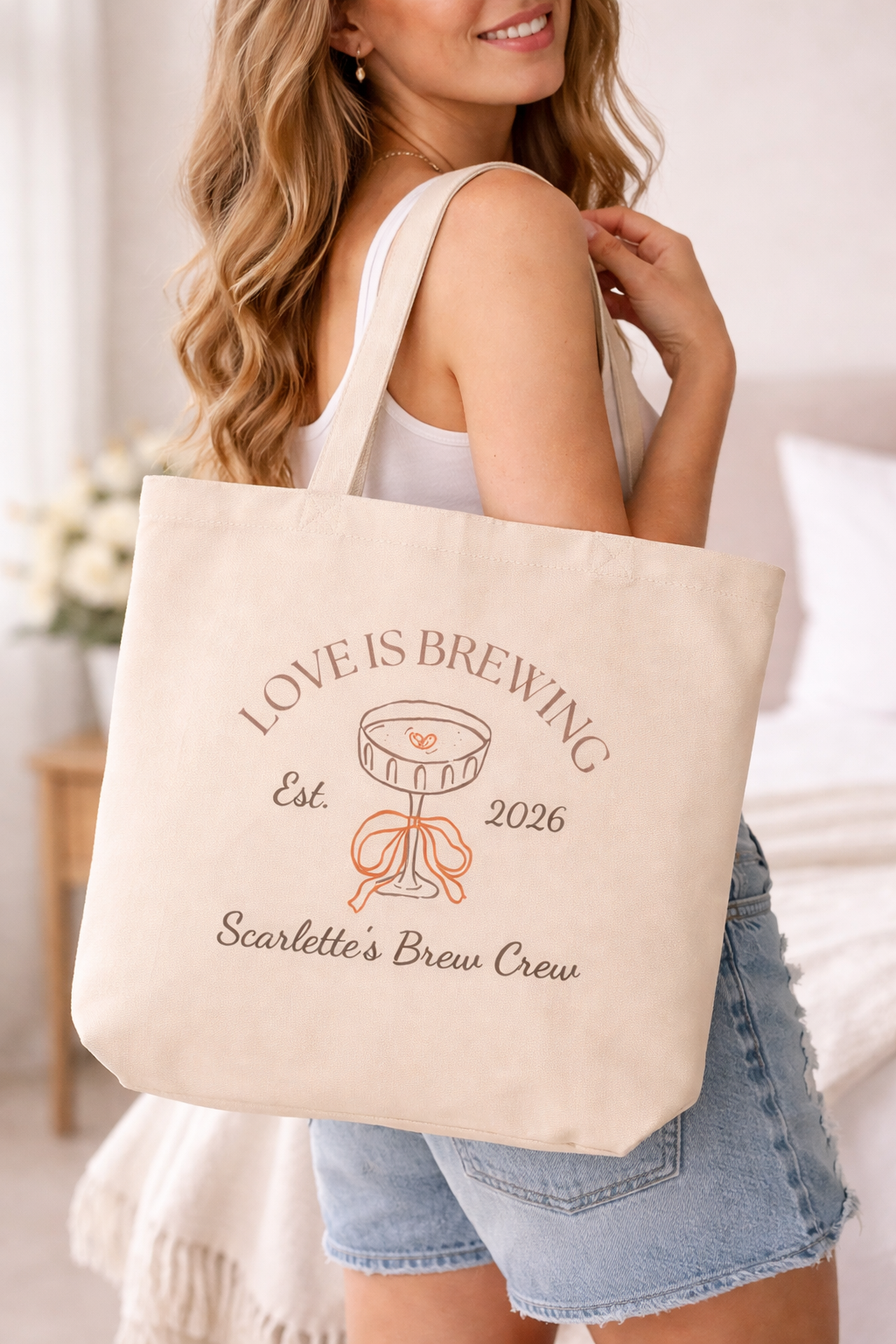 Love Is Brewing Tote Bag | Coffee Themed Bridal Party Tote | Personalized Bride & Bridesmaid Gift