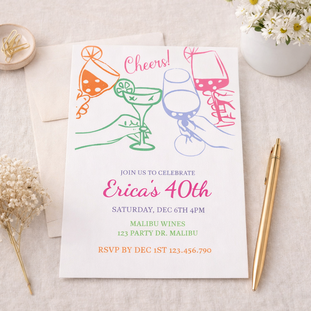 Colorful Cheers Any age Birthday Invitation | Modern Cocktail Party Invite | Women’s 40th Celebration | Fun Girls Night Birthday Invite