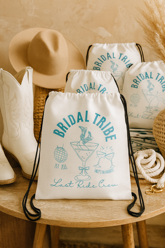 Last Ride Crew Bachelorette Favor Bags | Bridal Tribe Drawstring Bags