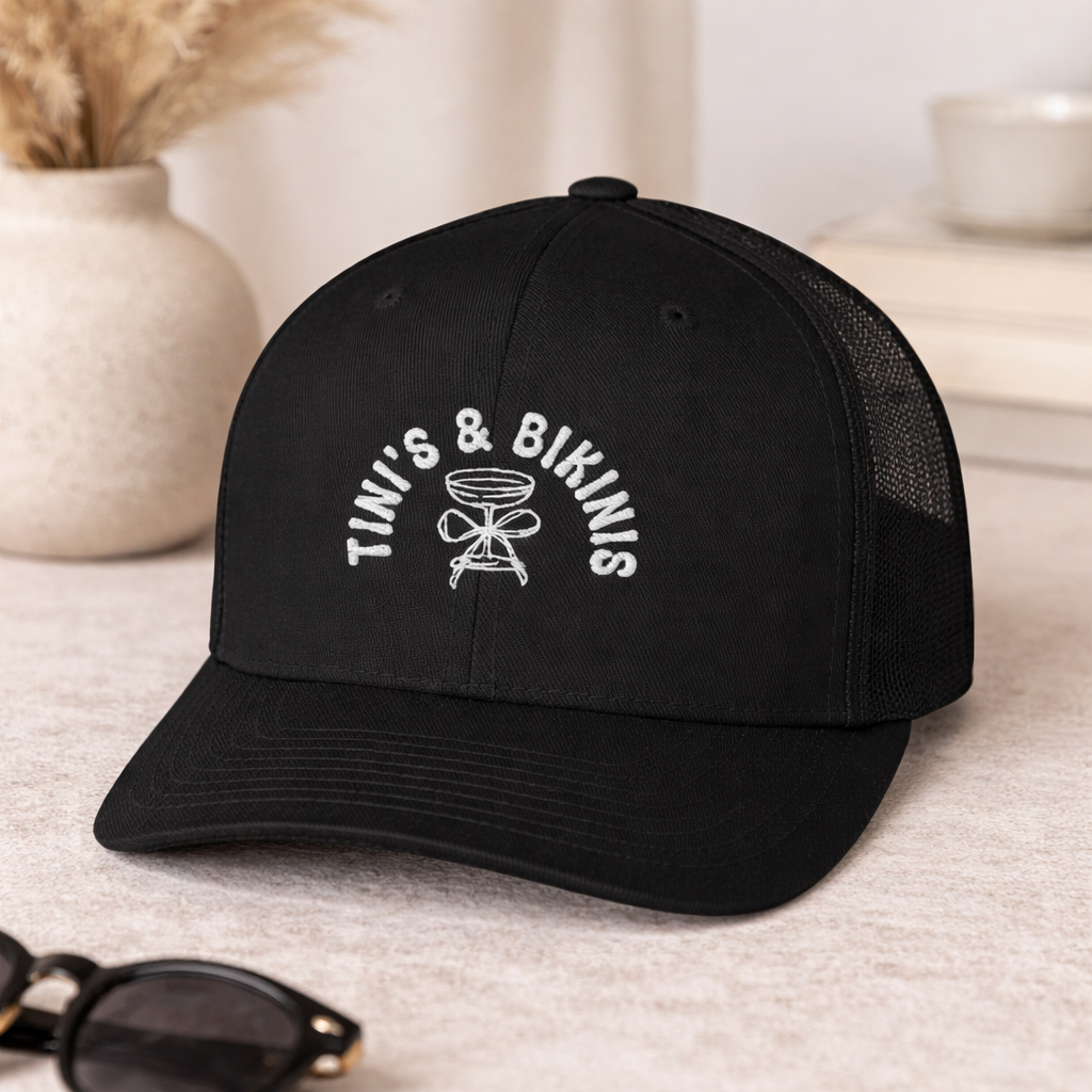 Tini's & Bikinis Trucker Cap, Bachelorette, Martini's, Beach Party, black trucker hat, tini’s and bikinis hat, embroidered trucker hat, summer hat, bachelorette hat, beachwear accessory, women’s trucker hat, casual headwear,