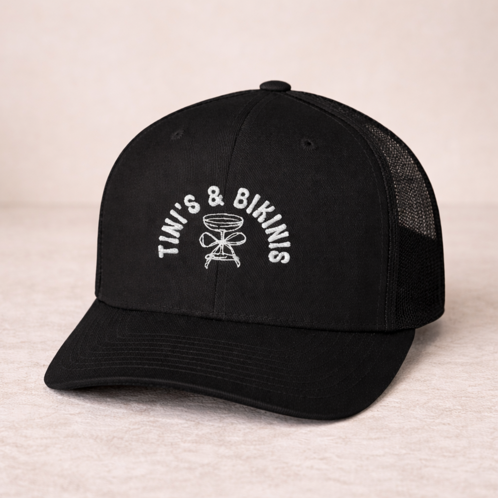 Tini's & Bikinis Trucker Cap, Bachelorette, Martini's, Beach Party, black trucker hat, tini’s and bikinis hat, embroidered trucker hat, summer hat, bachelorette hat, beachwear accessory, women’s trucker hat, casual headwear,