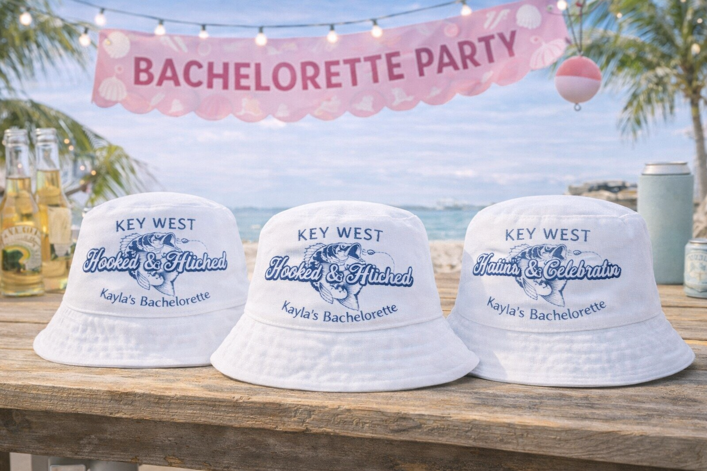 Hooked & Hitched Bucket Hat – Personalized Bachelorette Hat, Beach Bach Party Favor, Custom Bridal Trip Hat Reversible bucket hat