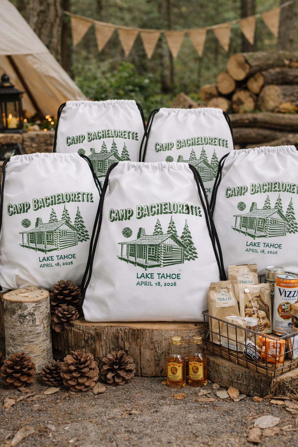 Camp Bachelorette Drawstring Bag, Personalized Bachelorette Party Favor, Camp Bach Weekend Gift, Lake Tahoe Bachelorette, Custom Bridal Party Bag- Drawstring bag