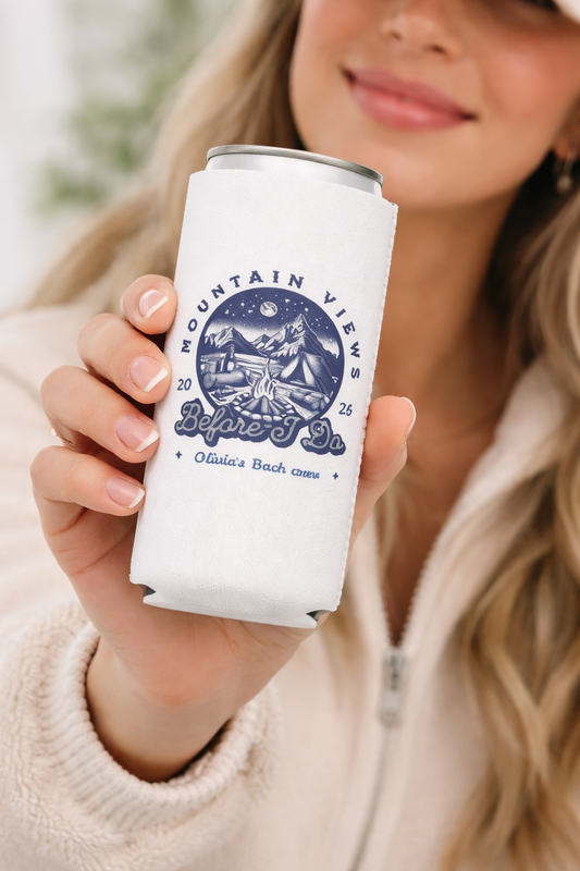 Mountain Views Before “I Do” Bachelorette Can Cooler | Personalized Camp Bach Koozie | Custom Wedding Weekend Party Favor-Can cooler