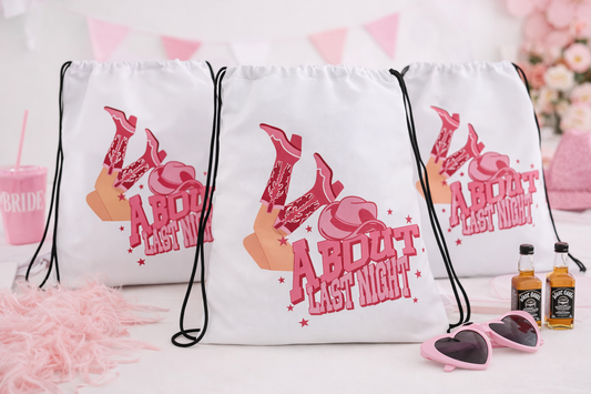 About Last Night Bachelorette Party Drawstring Bag, Cowgirl recovery kit, Western Cowgirl Bach Favors, Drawstring bag