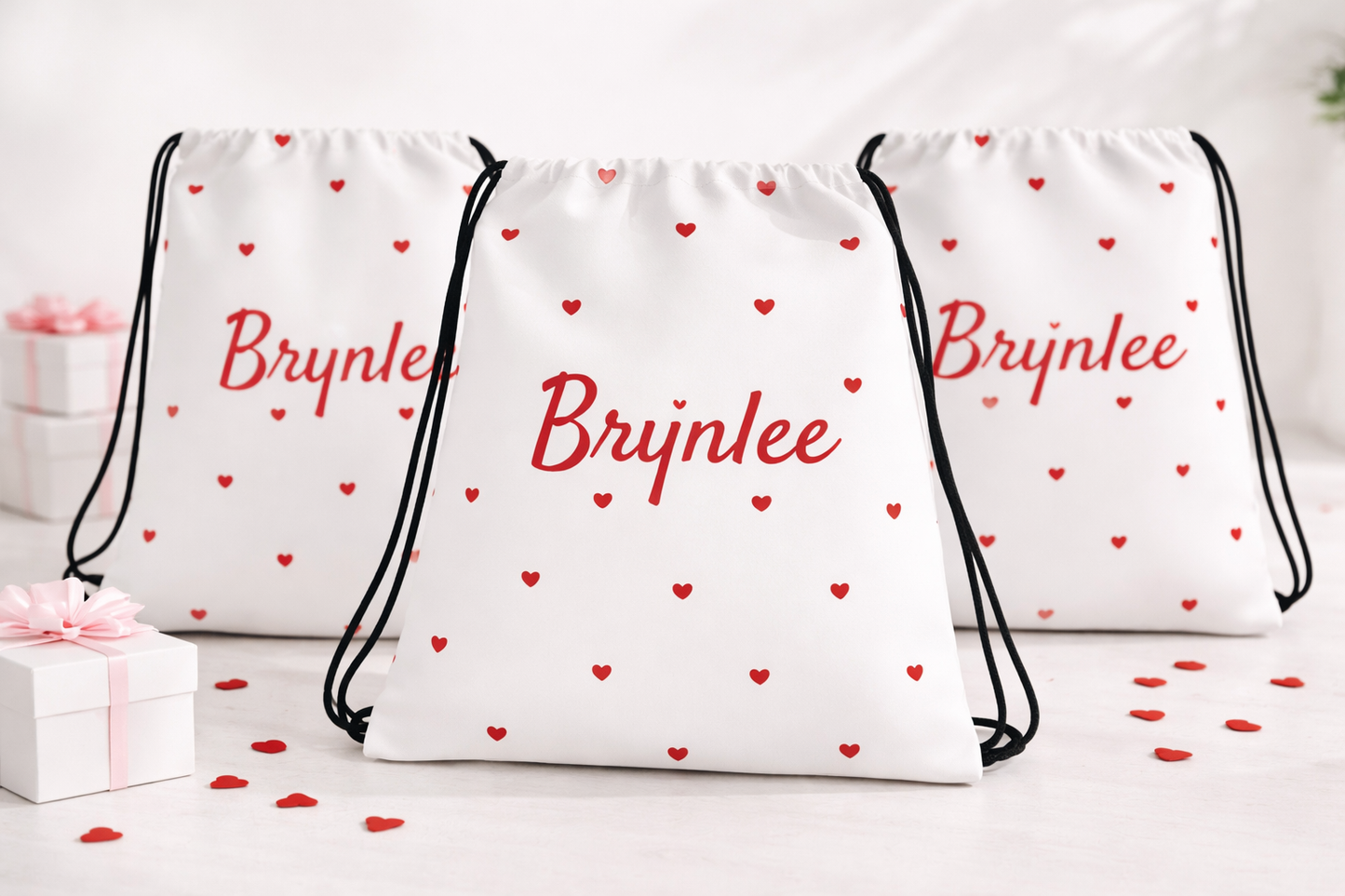 Personalized Heart Name Drawstring Bag | Custom Kids Gift Bag | Valentine Party Favor Backpack | Red Heart Name Sack-Drawstring bag
