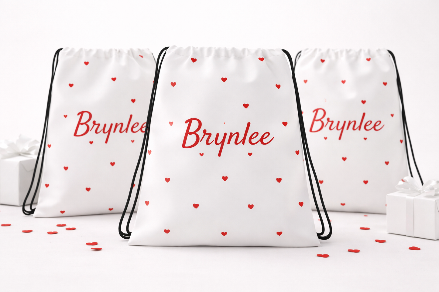 Personalized Heart Name Drawstring Bag | Custom Kids Gift Bag | Valentine Party Favor Backpack | Red Heart Name Sack-Drawstring bag