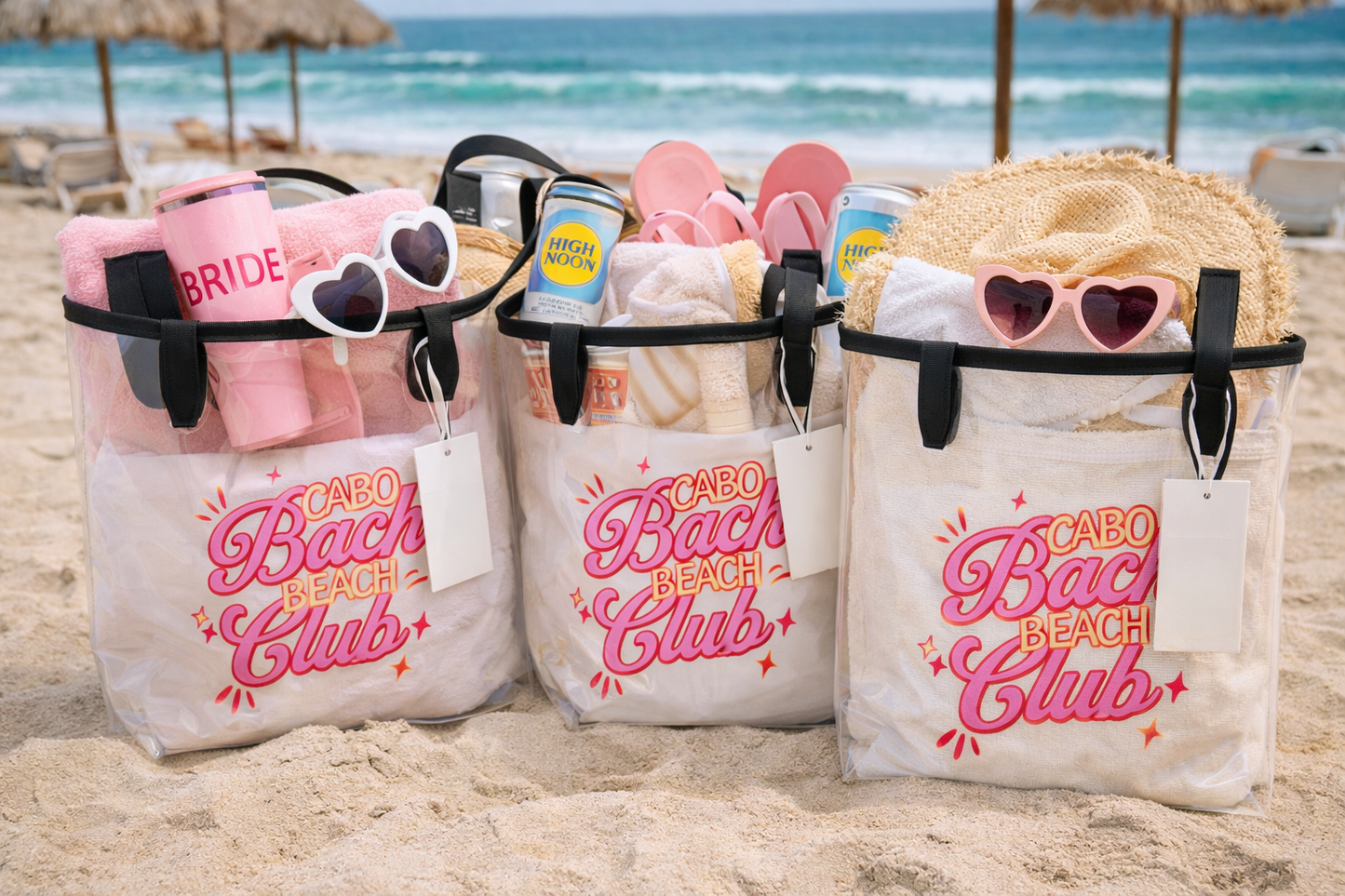 Cabo Bach Beach Club Clear Tote Bag | Bachelorette Beach Bag | Cabo Bridal Party Tote | Destination Bach Welcome Bag-Clear tote bag