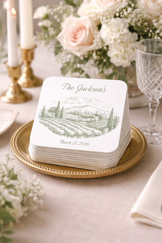 Personalized Vineyard Wedding Coasters | Custom Winery Wedding Favors | Rustic Elegant Wedding Reception Decor | Personalized Drink Coasters - Cork-back coaster
