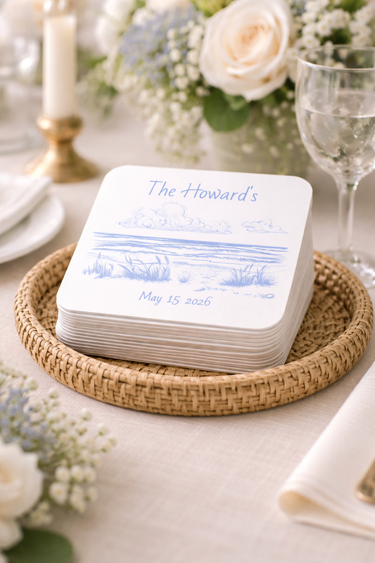Personalized Beach Wedding Coasters | Custom Ocean Scene Wedding Favors | Coastal Reception Decor | Personalized Drink Coasters- Cork-back coaster