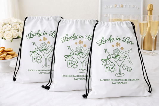 Lucky in Love Bachelorette Drawstring Bag | Personalized Vegas Bach Party Favor | Casino Bridal Weekend Tote | St. Patrick’s Day Bach