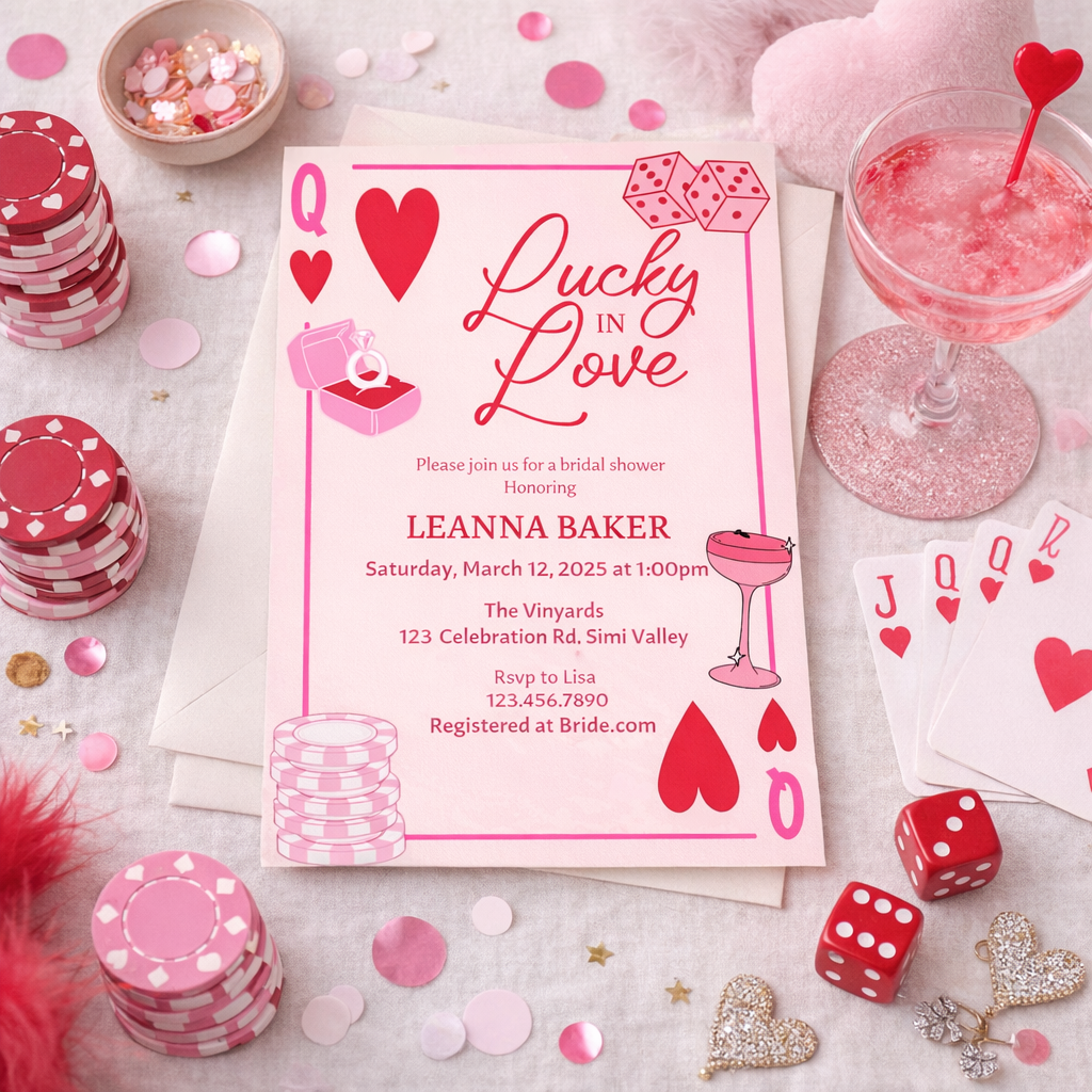 Lucky in Love Bridal Shower Invitation | Pink Casino Theme Bridal Shower Invite | Vegas Bachelorette Shower 4x6